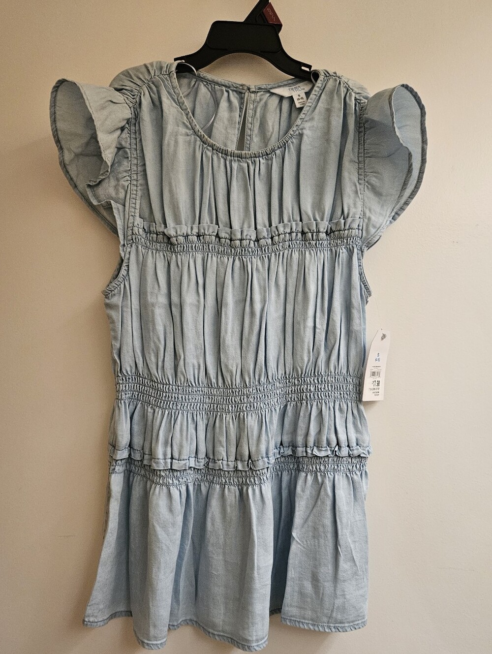 NWT Time and Tru Light Wash Chambray Smocked Peplum Blouse, S 4-6